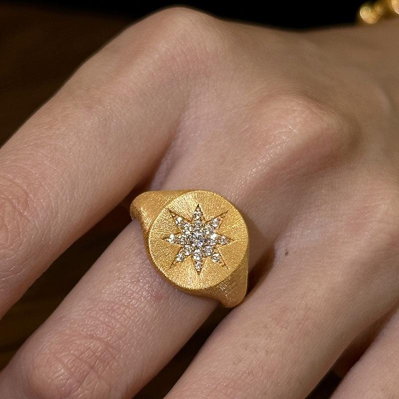 

Classical brushed texture octagonal star rings for women charm vintage sparkling diamond inlay oval ring banquet jewelry gift resizable