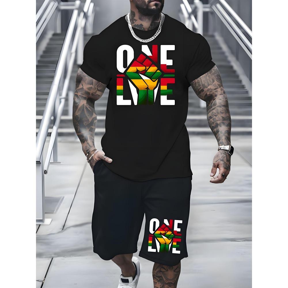 Fashion Colorful Love Graphic T-shirt Shorts Set Summer Sports Short Sleeve Shorts 2-piece Set Men's Quick Dry Sportswear Suit