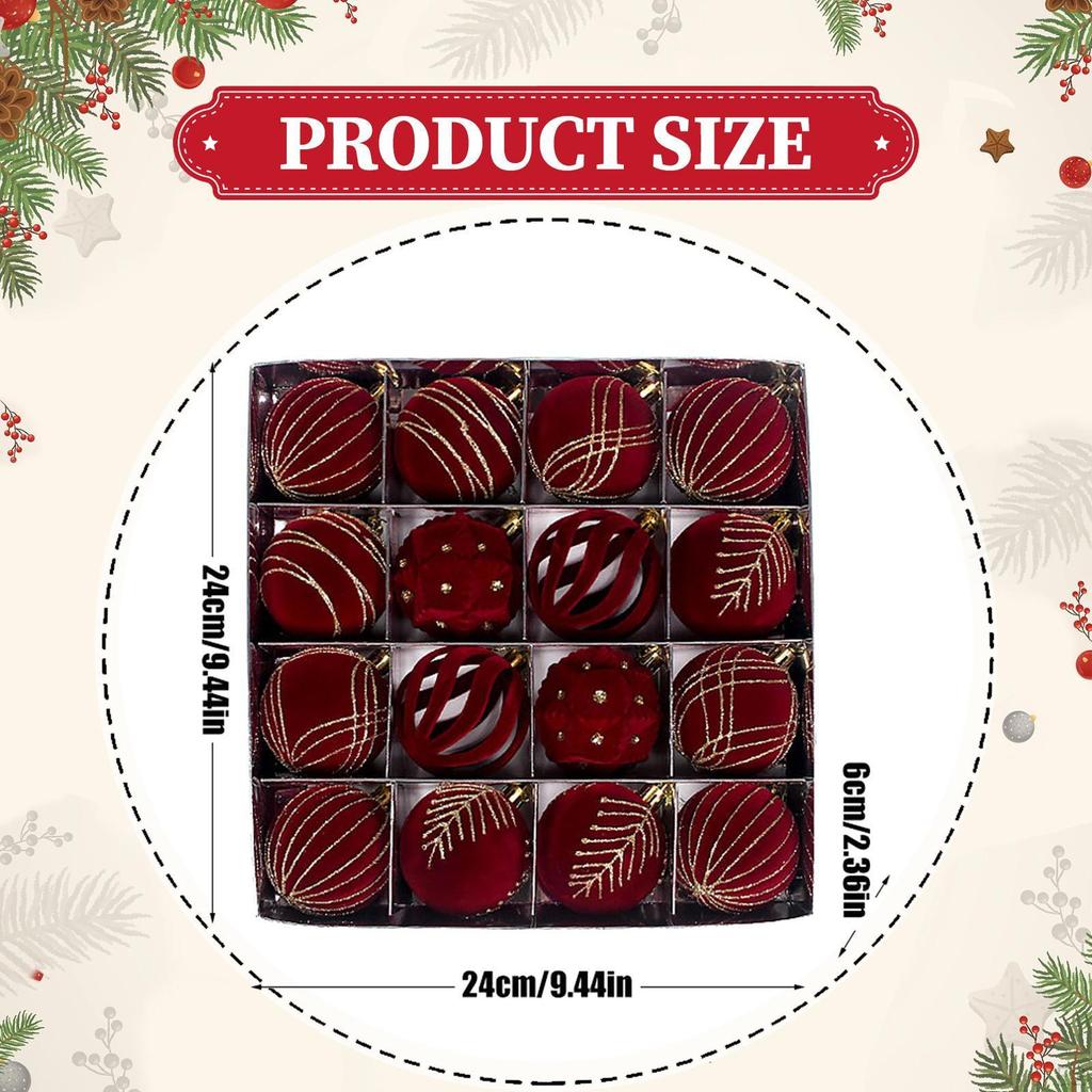 16x Flocked Christmas Balls, Xmas Tree Ball Party Decor Decorative Supply,