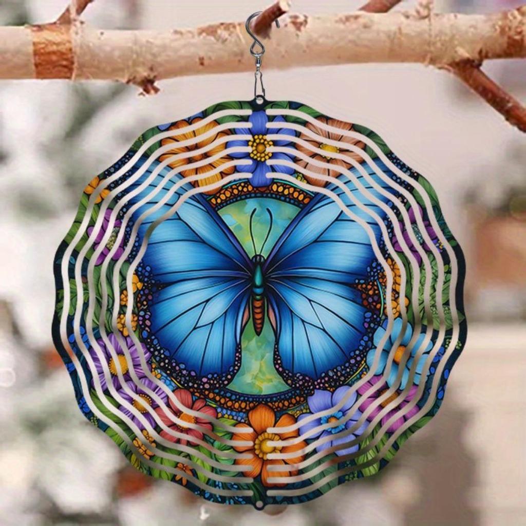 Metal Wind Spinner with Blue Butterfly and Multicolor Floral Design 2D Kinetic Garden Decor Outdoor Art Creative Gift for Home and Garden