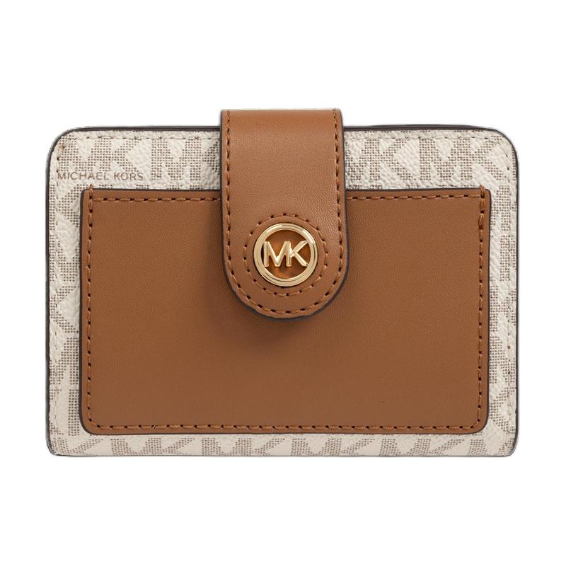 MICHAEL KORS Logo Bifold Design Fabric Wallet Women s Vanilla White and Acorn Brown белый