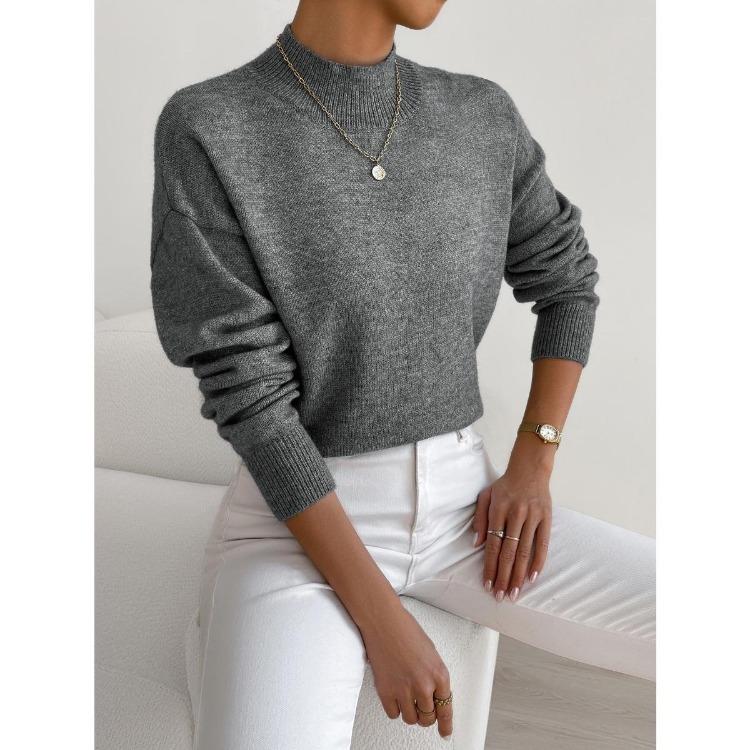 Solid Color Loose Knit Top Semi High Neck Pullover Long Sleeved Sweater Women Autumn and Winter