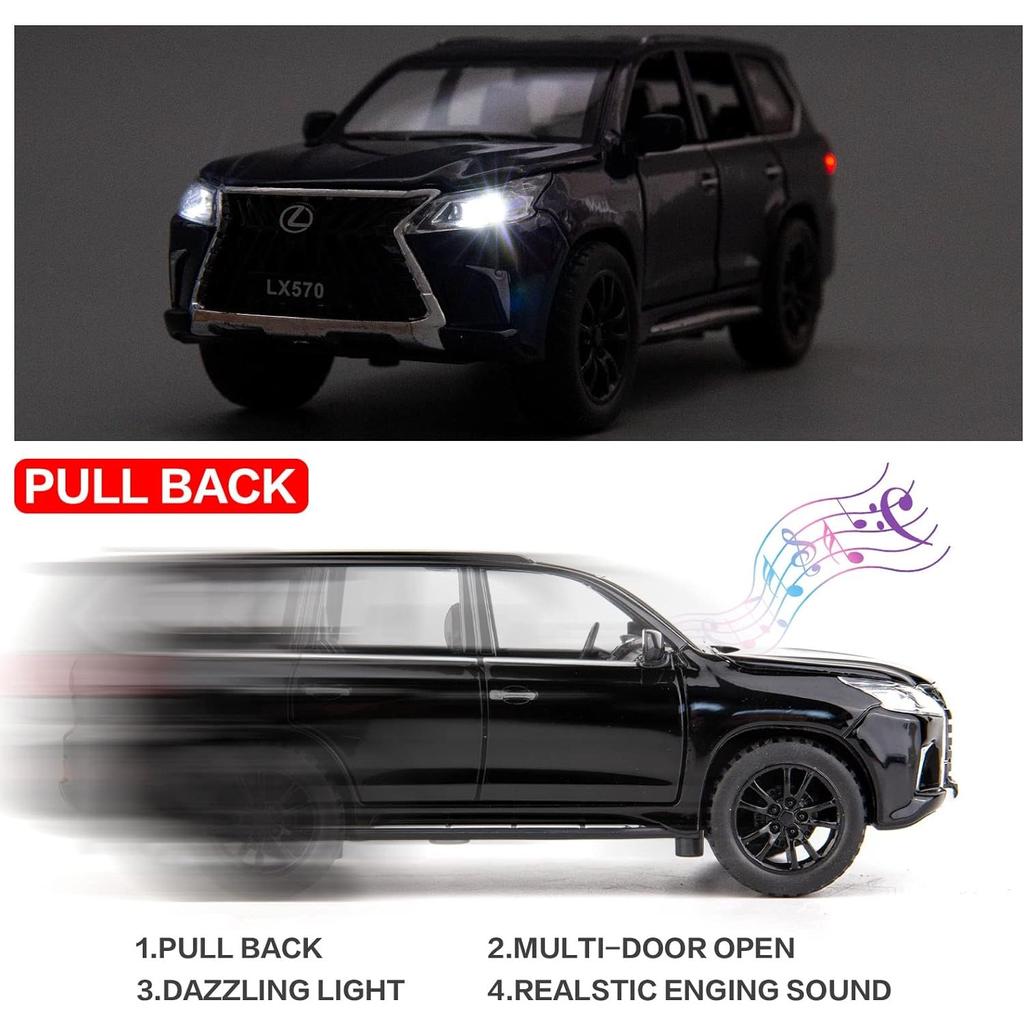 1/32 Scale Lexus LX570 Off-Road In Luxury SUV Model Car, Zinc Alloy Pull Back Toy Car with Sound and Light for Kids Boy Girl Gift