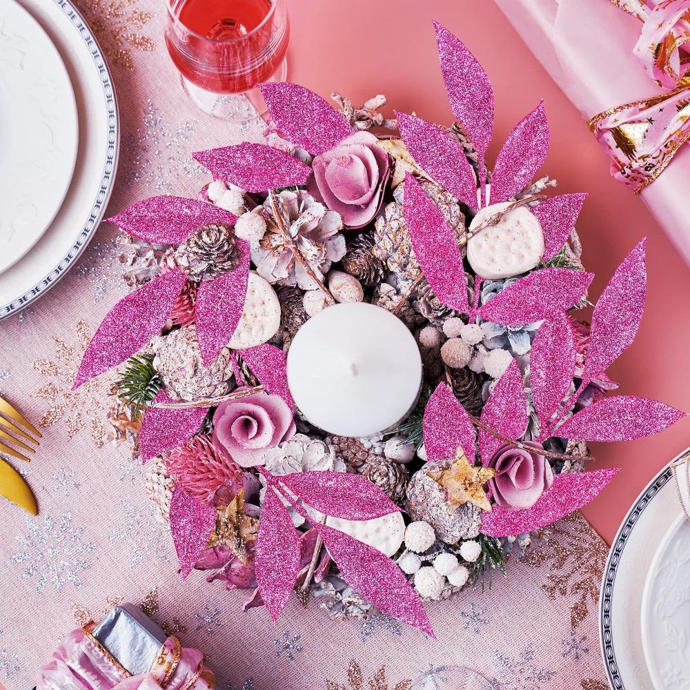 5Pcs Christmas Flash Glitter Gold Silver Leaves Xmas Tree Decoration Pendant Artificial Plants Pine Branches New Year Decor