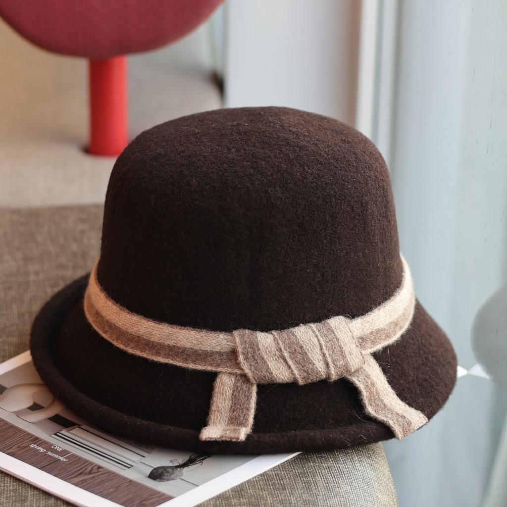Autumn And Winter Woven 100% Wool Women'S Fisherman Hat, Japanese Versatile And Western-Style Retro Upturned Edge Top Hat