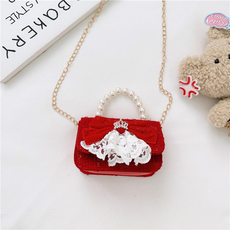 Kids Red Chain Crossbody Bag With Flower And Artificial Pearl Handle Design