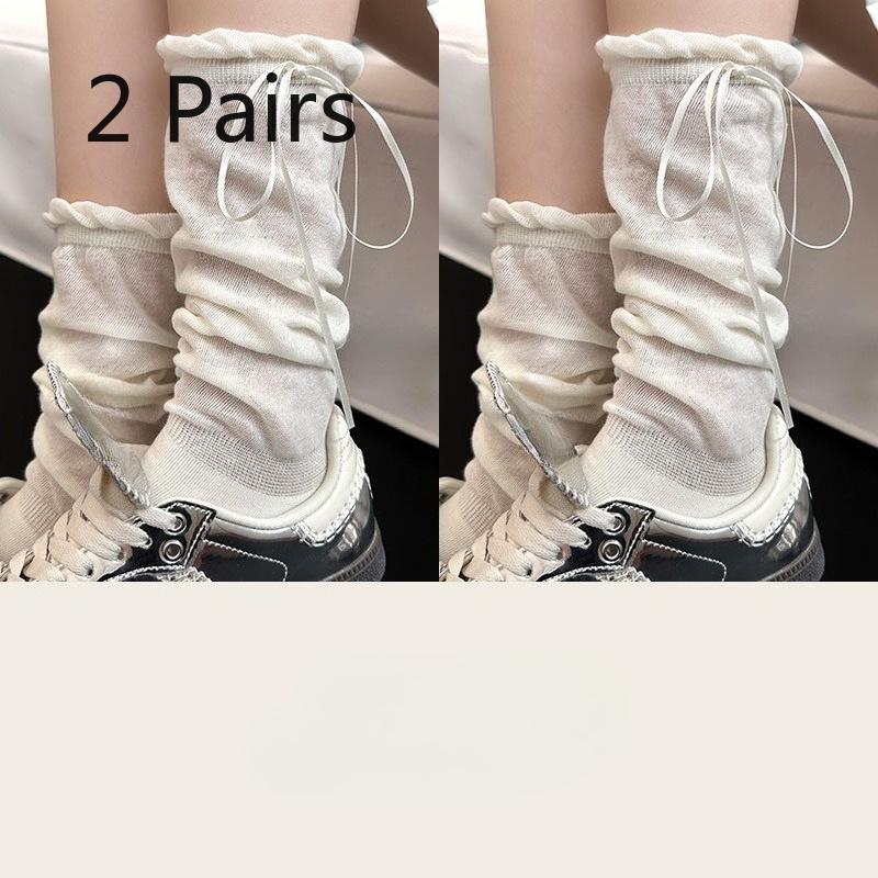 2 Pairs of Pink Bow-knit Socks - Children s Style, Pile Socks, Spring/summer Style, Long Socks, Thin Style, Calf Socks 2 pairs