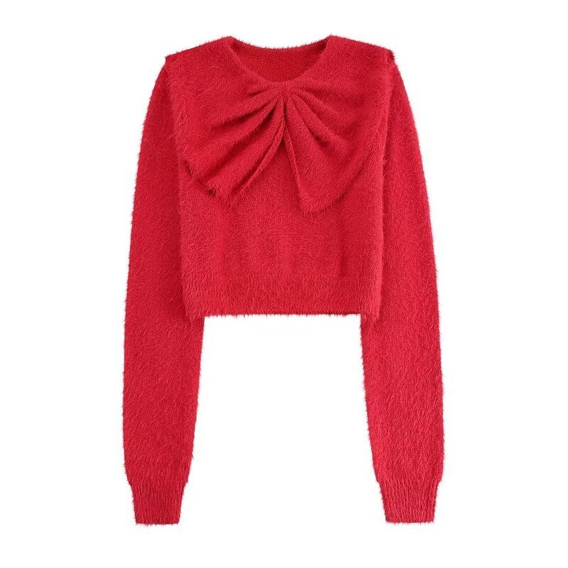Fashion Style 2024 Spring New Arrival Women's Slim Looking Easiest for Match Bows Furry Pullover Wool Knitwear 1213182