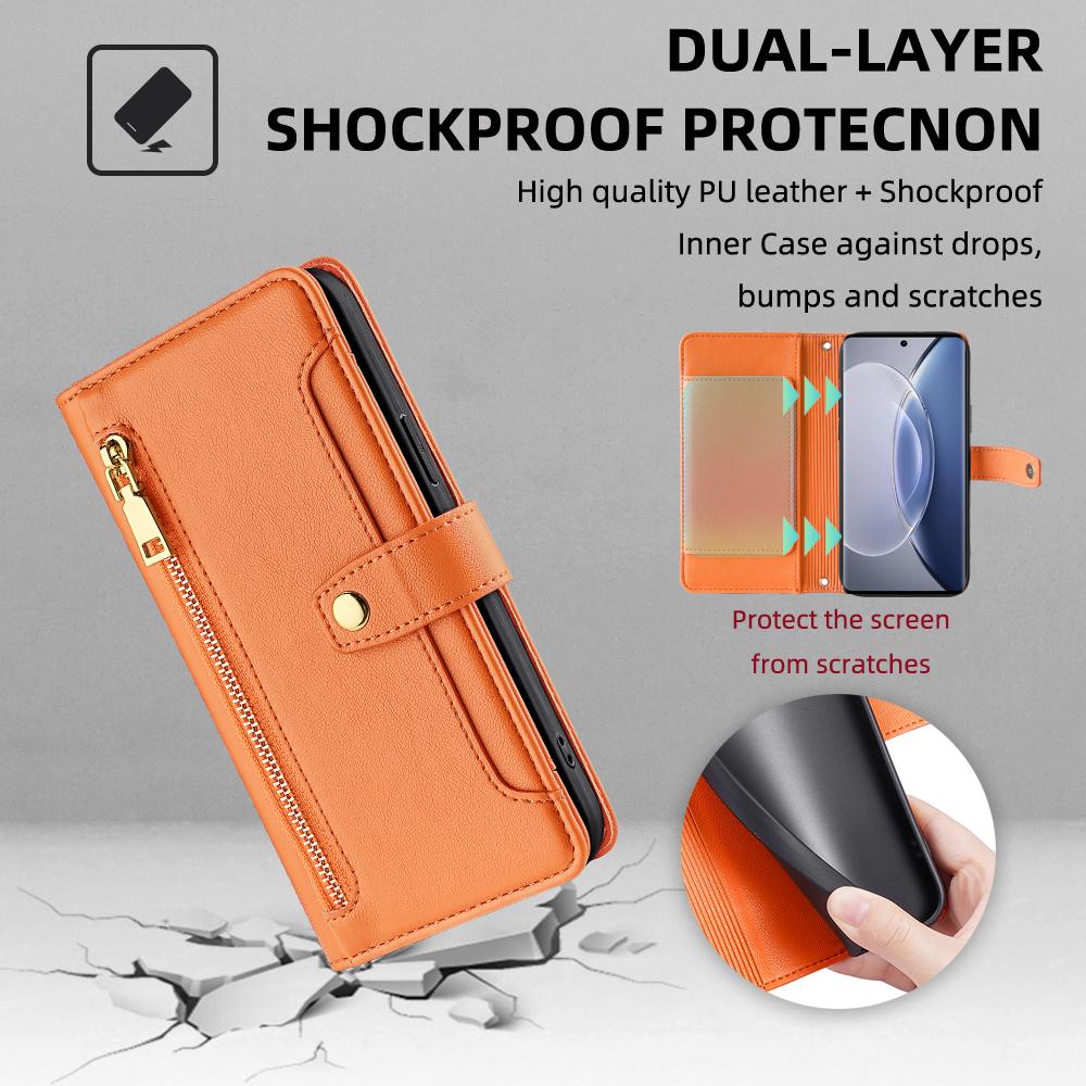 For Vivo X90 5G PU Leather Stand Case Zipper Pocket Card Slots Well-Protected Flip Phone Cover with Wrist Strap and Shoulder Strap