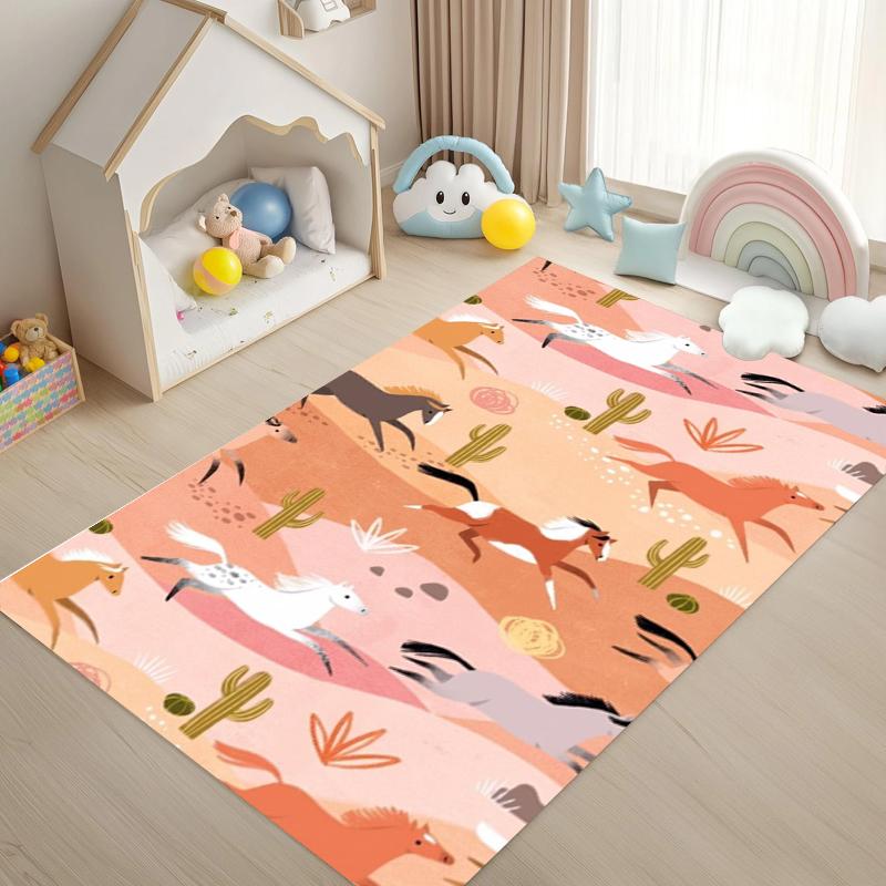 Kids' Playroom Rug Horse Patterned Area Rug Non Slip Mat for Children's Room Colorful Cartoon Design Easy To Clean Home Decor