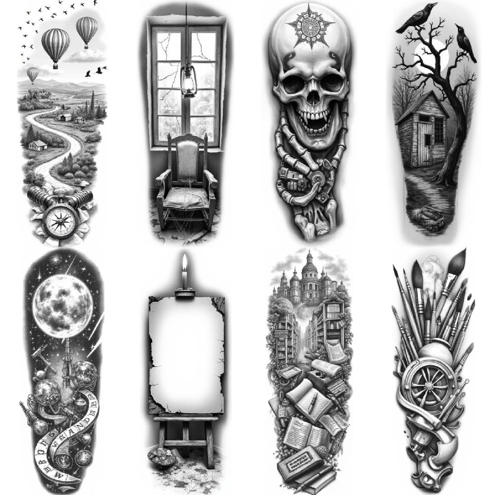3pcs Temporary Tattoo Black And Grey Realism Ravens Candle Skull For Women Thighs Arms