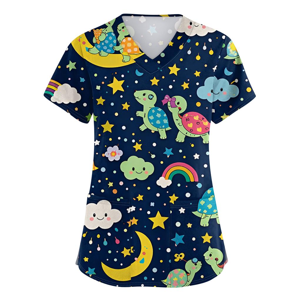 Women's Casual Short-Sleeve Cute Animal Print V-Neck Pocket Workwear Top