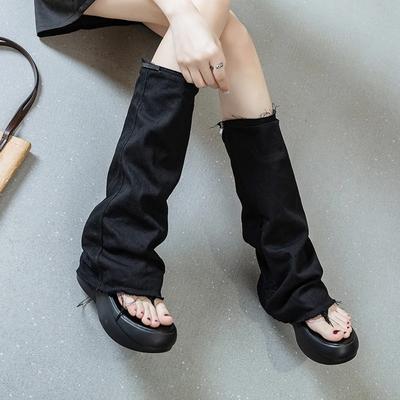 Damenstiefel Sommer Mode Kneifzehe Dicke Sohle Jeanshosen Stiefel für Frauen Offene Zehe Hohe Stiefel Damenschuhe Botas De Mujer