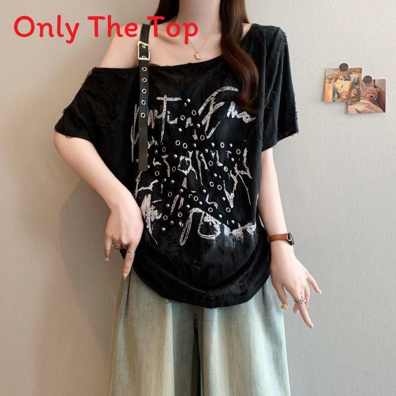 Summer Polyester Letter Print T Shirt With Ruching And Slanted Neck For Casual Women