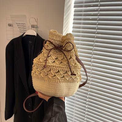 Umhängetasche Braune Eimertasche Gewebte Tasche Retro Verstellbare Träger Kordelzug Strohtasche Sommer Strandtasche Tägliche Handtaschen