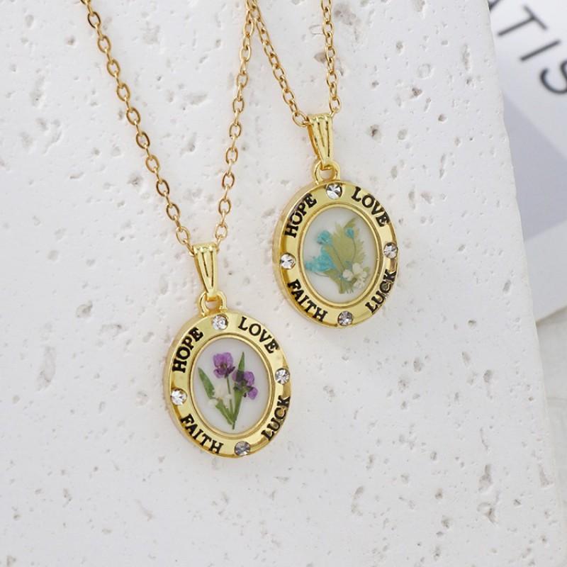 Elegant Oval Pendant Necklace With Real Preserved Rose Flower Women Sweet Romantic Jewelry Valentines Day Gift