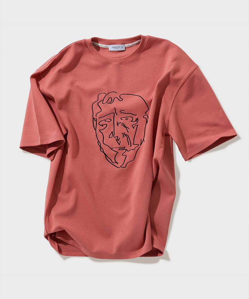 FFEFF STUDIO Face Drawing Embroidery Short Sleeve T-Shirt (Brick)