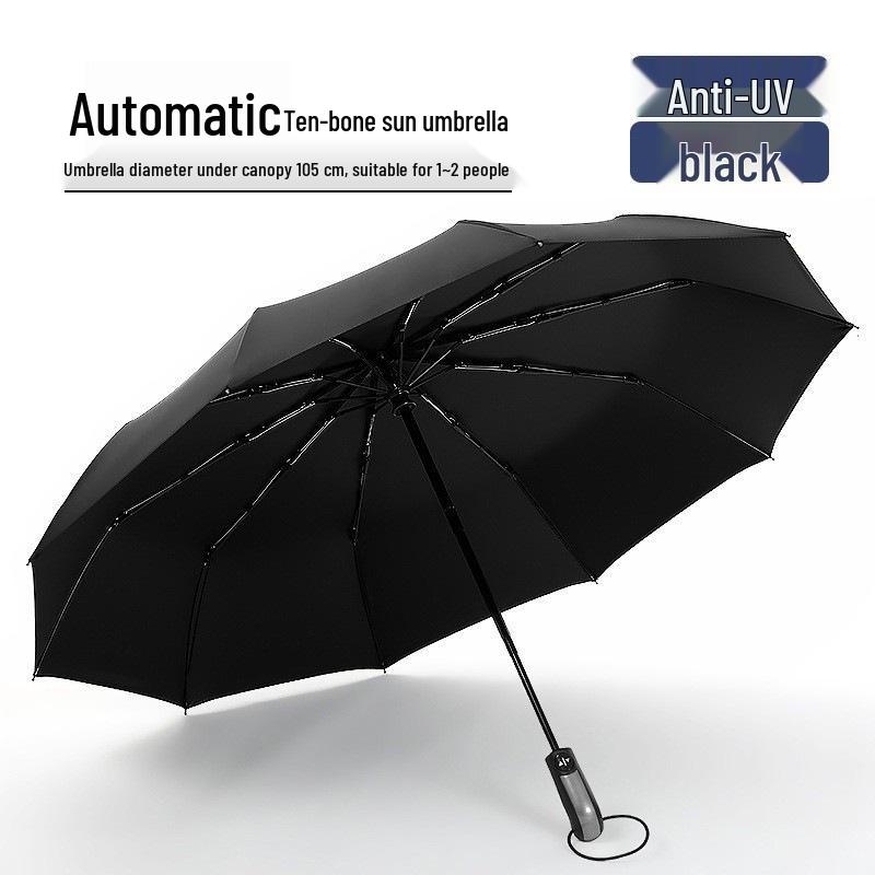 Ten-Bone Automatic XL Sunshade Umbrella: Dual-Use, Rain or Shine, Folding Sun Umbrella with Black Glue Coating.