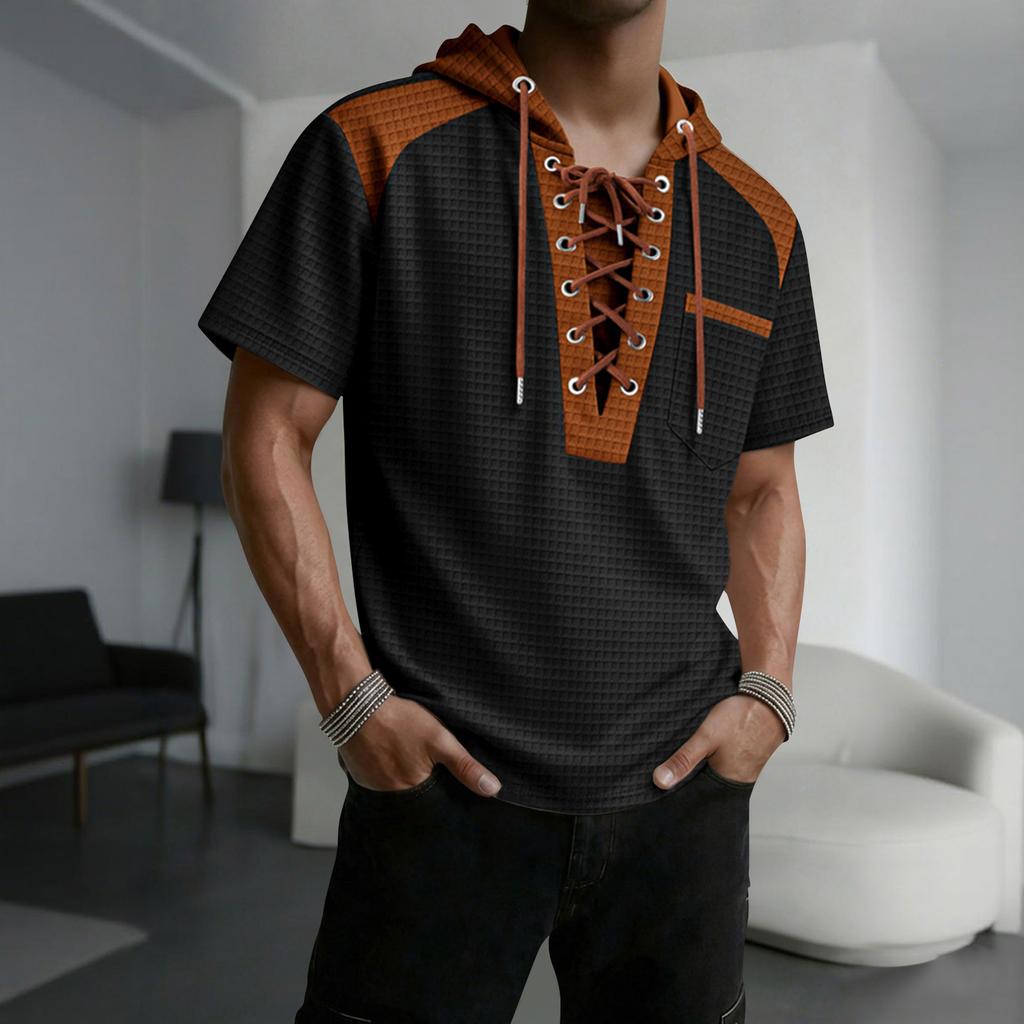 Men's Color Blocked Hooded Top With Pockets Casual And Comfortable Short Sleeved Shirt
