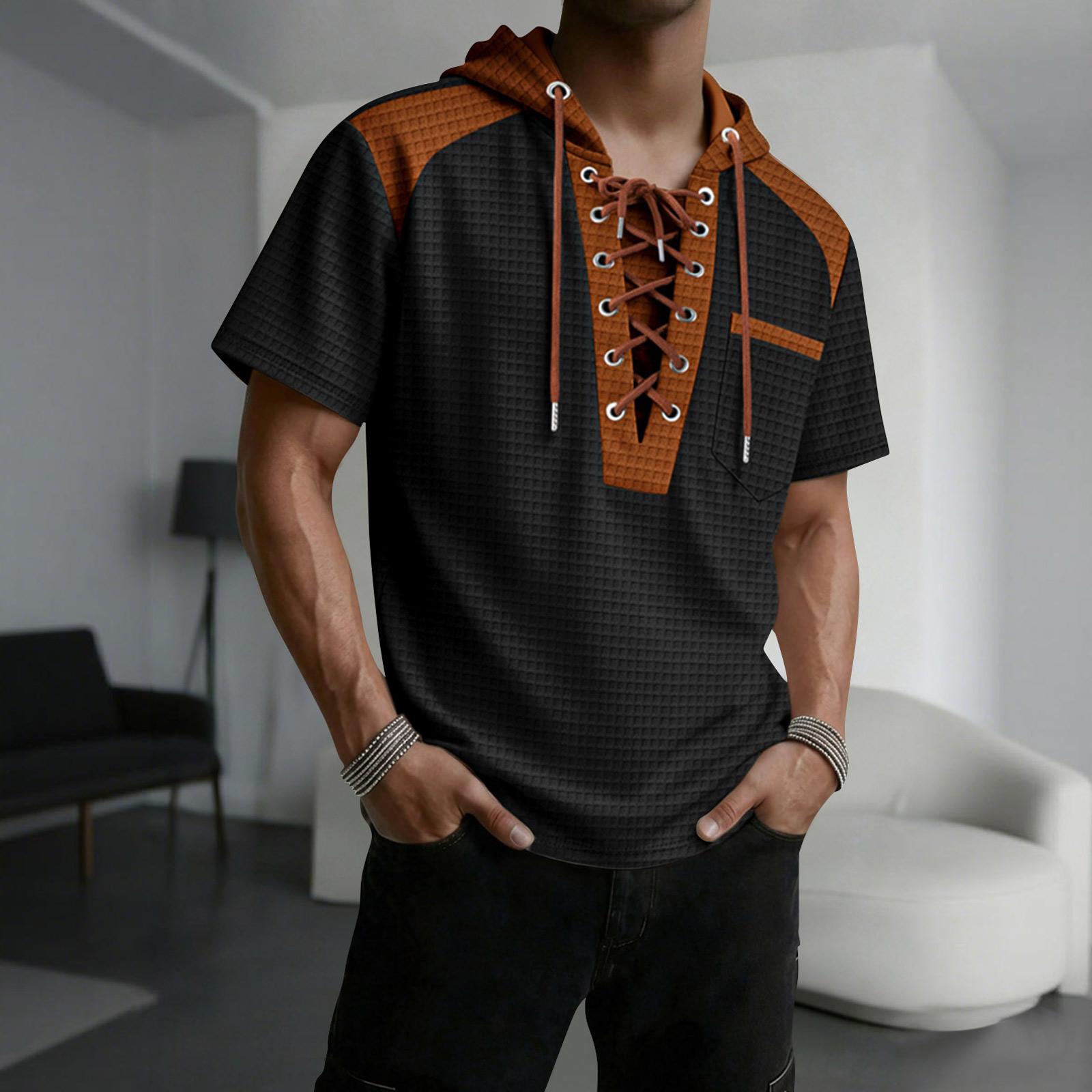 

Men s Color Blocked Hooded Top With Pockets Casual And Comfortable Short Sleeved Shirt L чёрный