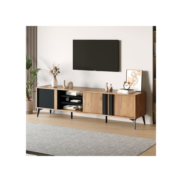 Meuble TV - MUVOE - 180 cm - Marron - Pour téléviseurs jusqu'à 80 pouces - Gestion des câbles