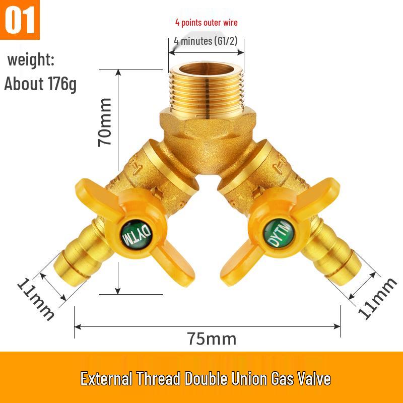 Telu Copper Gas Pipe Tee Valve, Y-Type 4-Point Ball Valve, One-in-Two Natural Gas Switch