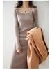 Women's Pure Wool Long-Sleeve Knit Dress, Mid-Length, Over-the-Knee, Slimming; Ideal as a Base Layer for Autumn and Winter.