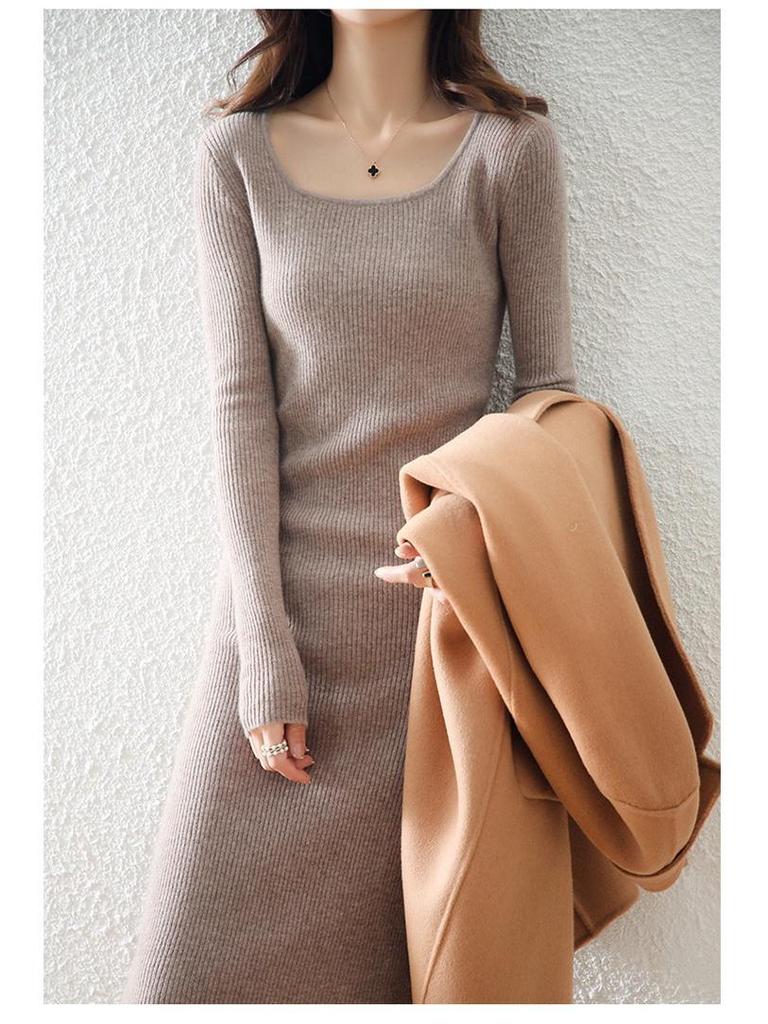 Women's Pure Wool Long-Sleeve Knit Dress, Mid-Length, Over-the-Knee, Slimming; Ideal as a Base Layer for Autumn and Winter.