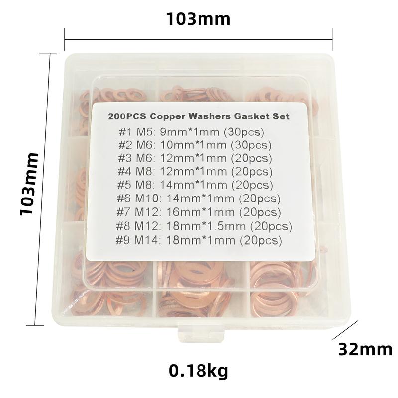 Copper Gasket Boxed Multistandard O Shaped Copper Gasket Combination Oil Plugging and Sealing Ring Combination 1 Box 200pcs