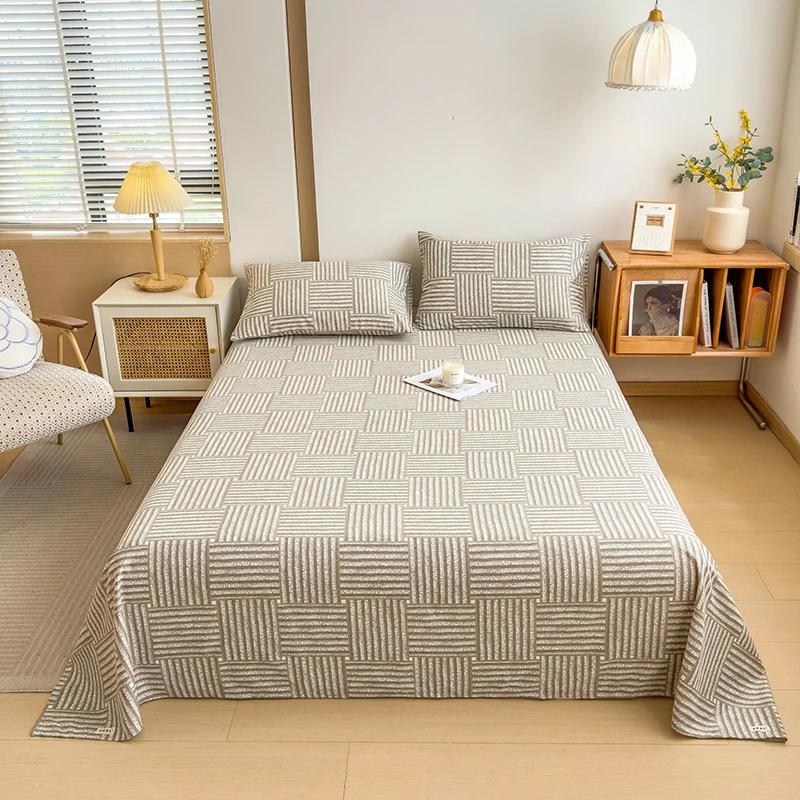 Geometric Plaid Pattern Bed Sheet Set Simple Grid Flat Sheet 100% Cotton Bedding Breathable Durable Sheets with 2 Pillowcases