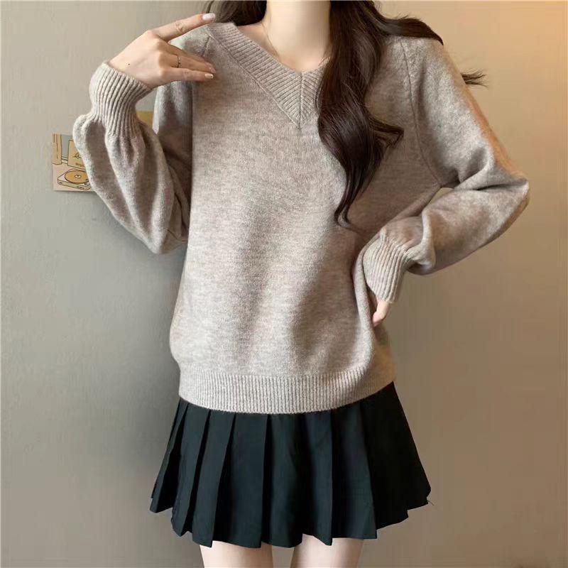 Women's Lazy Style V-Neck Pink Knitted Pullover Sweater - New Design for Autumn/Winter