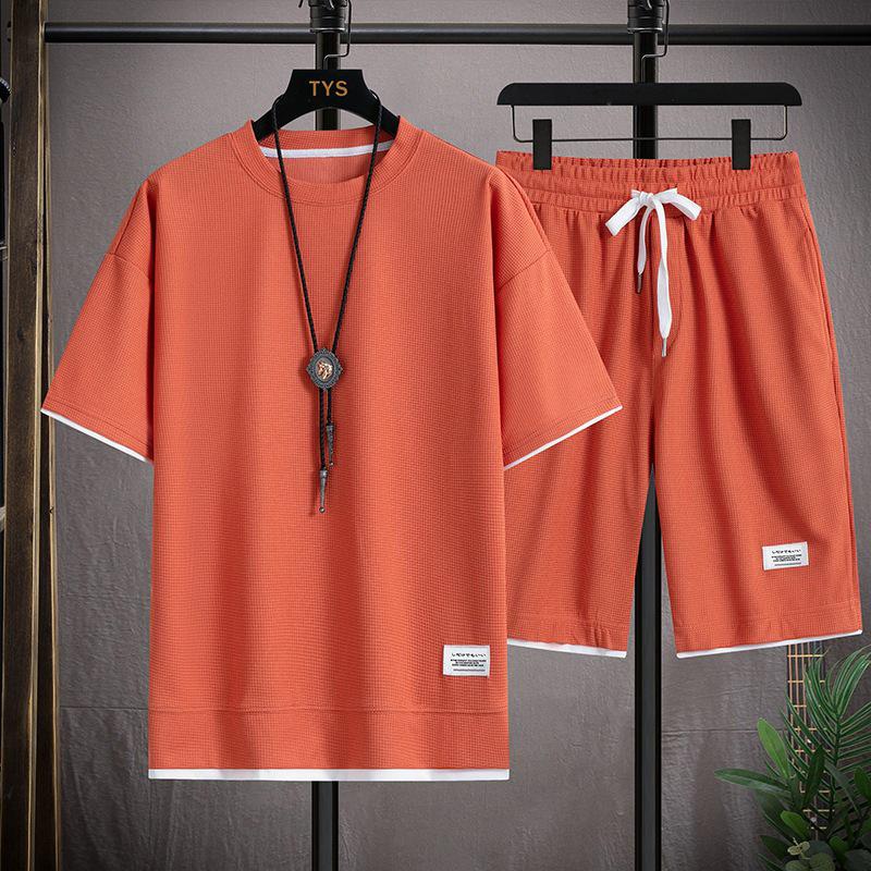 Men's Summer Waffle Short-Sleeve Sports Shirt and Shorts Two-Piece Set