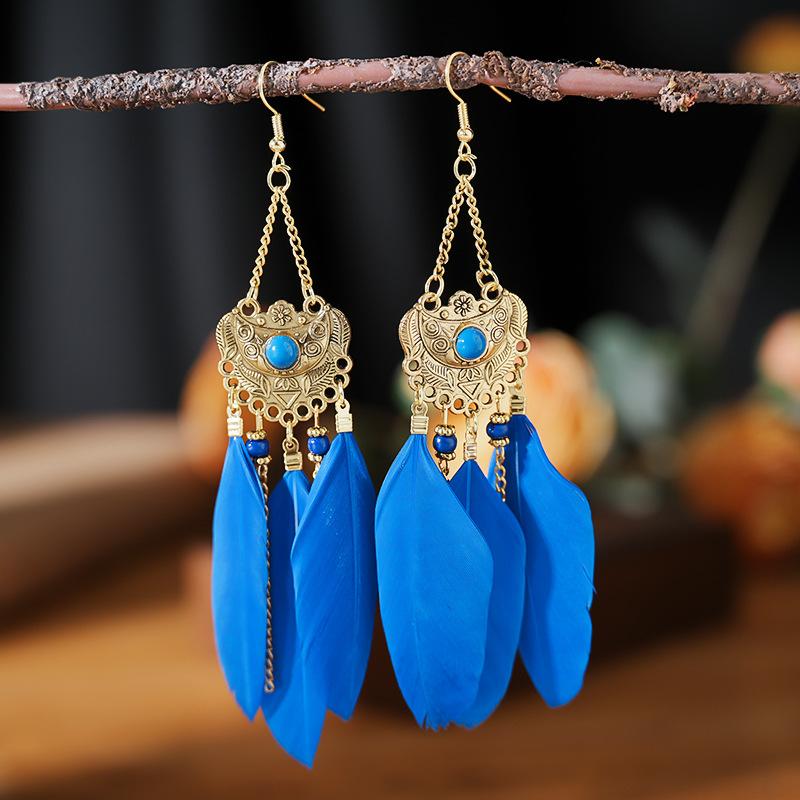 Modische Böhmische Bunte Federohrringe für Damen Ethnischer Stil Lange Geometrische Ohrringe Damen Schmuck Accessoires Geschenk