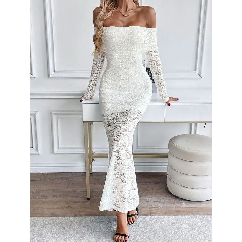 One Shoulder Lace Embossed Dress off-Shoulder Long Sleeve Lace Embossed Jumpsuit Long Dress