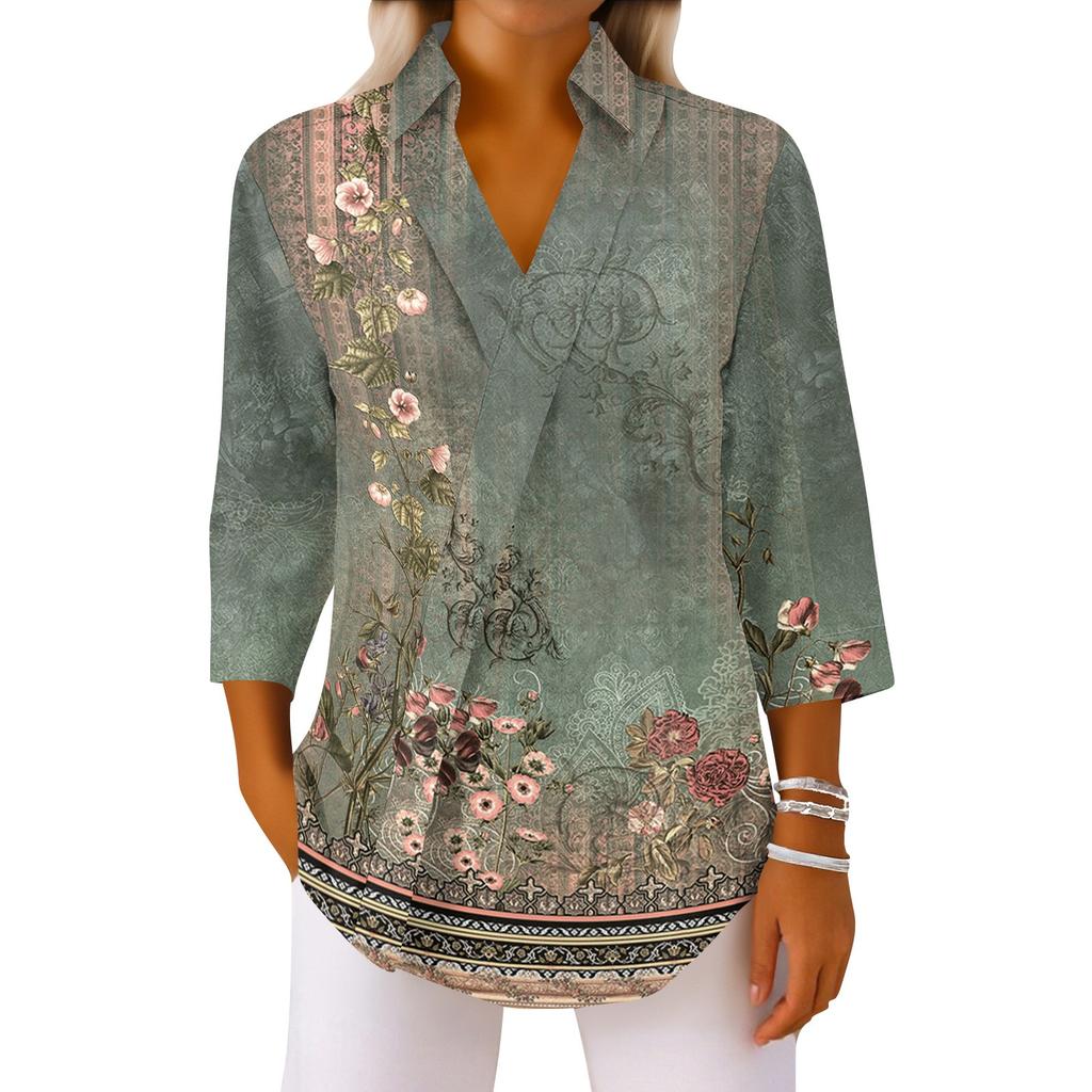 3/4-Ärmel Damenoberteile V-Ausschnitt Shirts Trendy Bedruckte Business Casual Arbeitsblusen