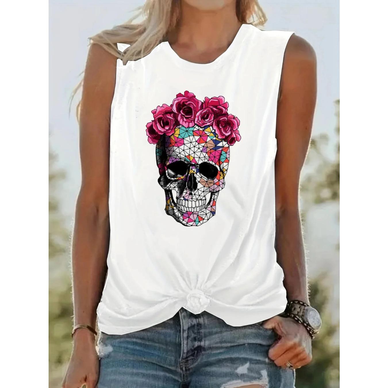 

Женская летняя повседневная майка без рукавов с круглым вырезом и принтом скелета и розы, модная уличная одежда S