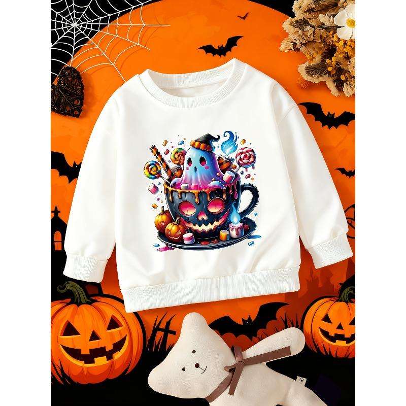Kids Crewneck Sweatshirt, Cartoon Pumpkin Cup & Wizard Hat Ghost Print