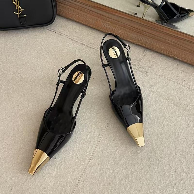 

Модные SUOJIALUN 2025 Весна Золотой Металлический Носок Женские Элегантные Босоножки Новый Бренд Мелкие Слипоны Слингбэки Обувь Тонкий Высокий Каблук Туфли-Лодочки для Платья 39 чёрный