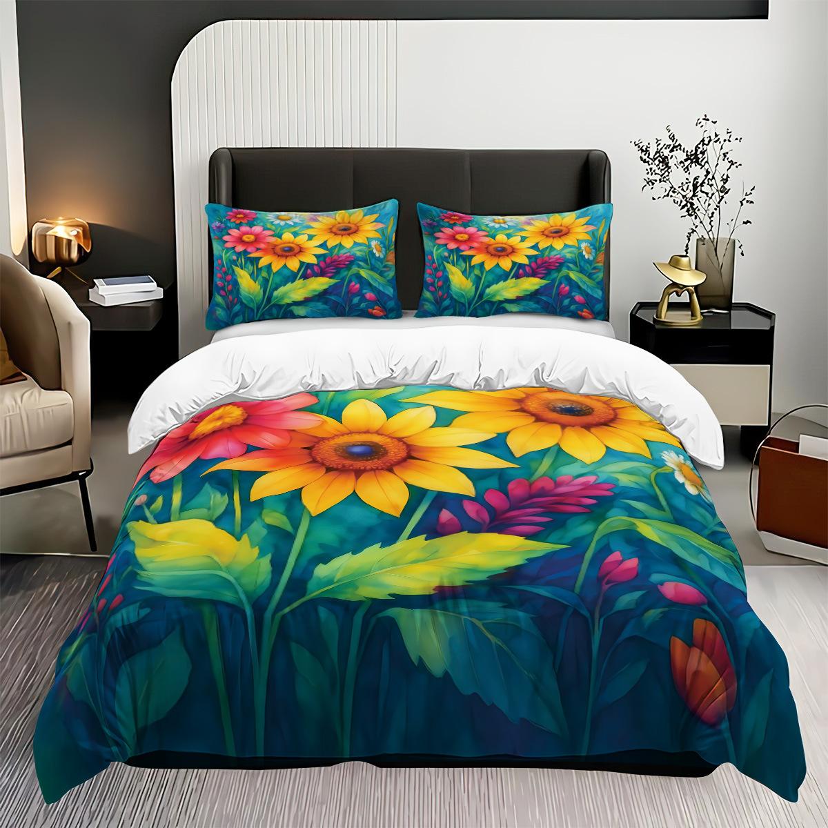 Three-Piece Sunflower Sanded Bedding Flower Quilt Cover Digital Printing Bedding Kit 135x200