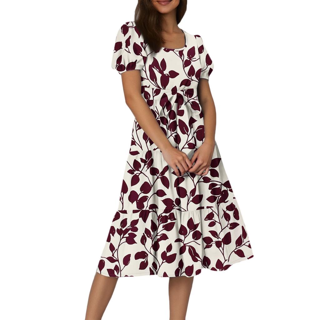 Women's Summer Floral Print Short Sleeves Neck Waistband Bohemian Flowy Maxi Dress With Pockets