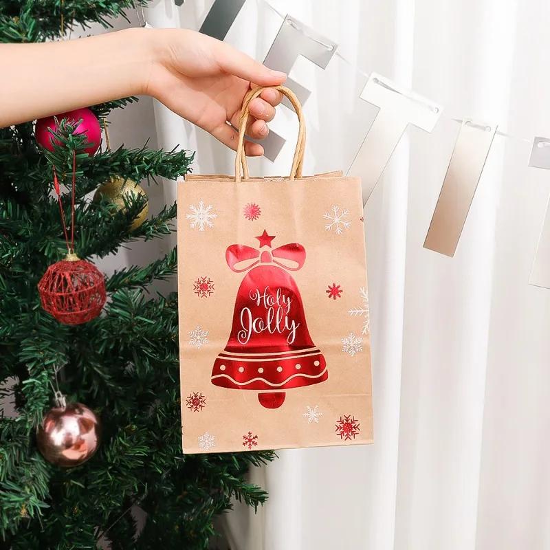 201Pcs Christmas Gift Packaging Bag Biscuit Candy Storage Bag Snowflake Santa Claus Kraft Paper Bag Xmas New Year Gift Handbag