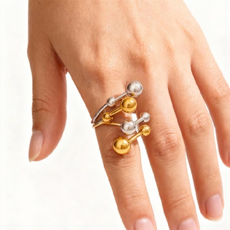 Sturdy Stainless Steel Ring Featuring Artistic Ball Accents Two Tone Color Adjustable Double Layer Design Enhanced Shine And Comfort