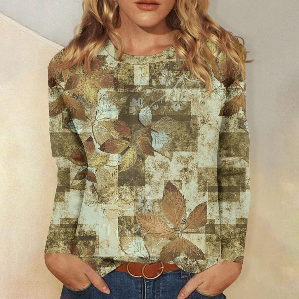Women's Basic Long-sleeved T-shirt, Round Neck, Leaf Print, Plain Top, Everyday Pullover, Party Gift, Versatile T-shirt