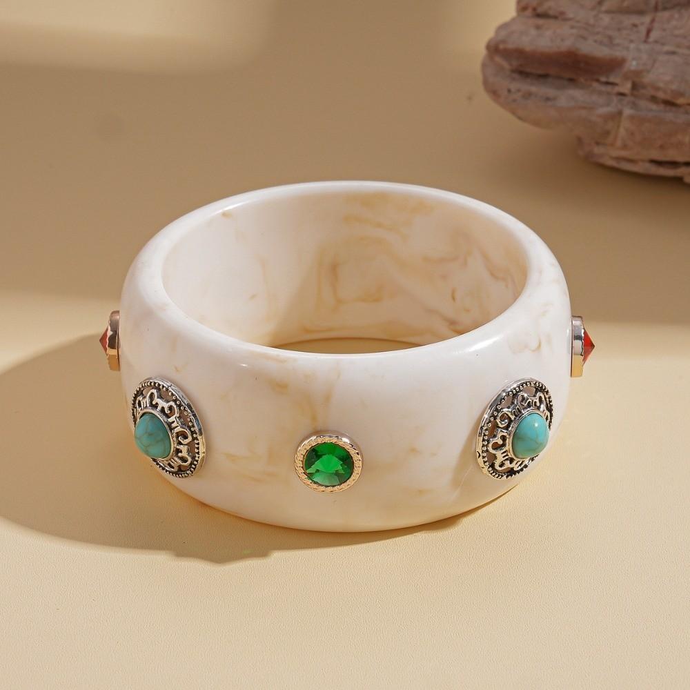 Bohemian Acrylic Rhinestone Bangle Wide Retro Hand Ring Creative Turquoise Acrylic Bracelet  Women