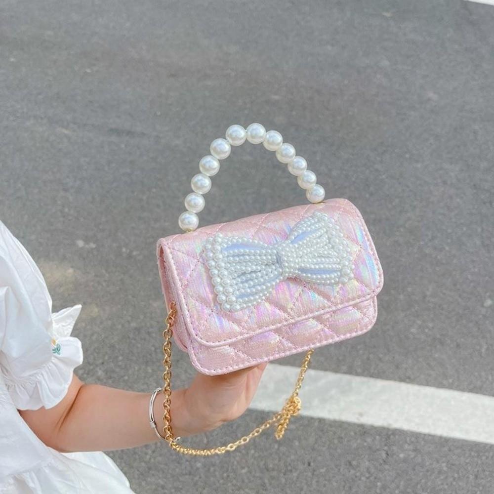

PU Leather Pearl Handbag Mini Children Coin Purse Casual Bow Crossbody Bag Kids рожевий