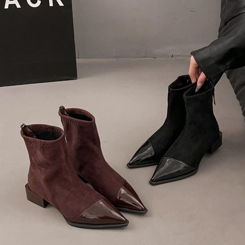 Fashion Leather Pointed Toe Ankle Boots for Women Brand Designer Suede Short Boots Thick Medium Heel Women's Shoes Botas Mujer