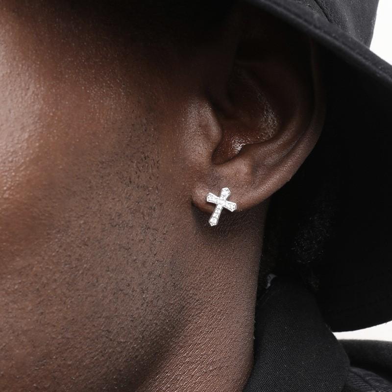 Silver Shiny Zircon Cross Stud Earrings for Women Men Punk Rock Earring Hiphop Ear Jewelry
