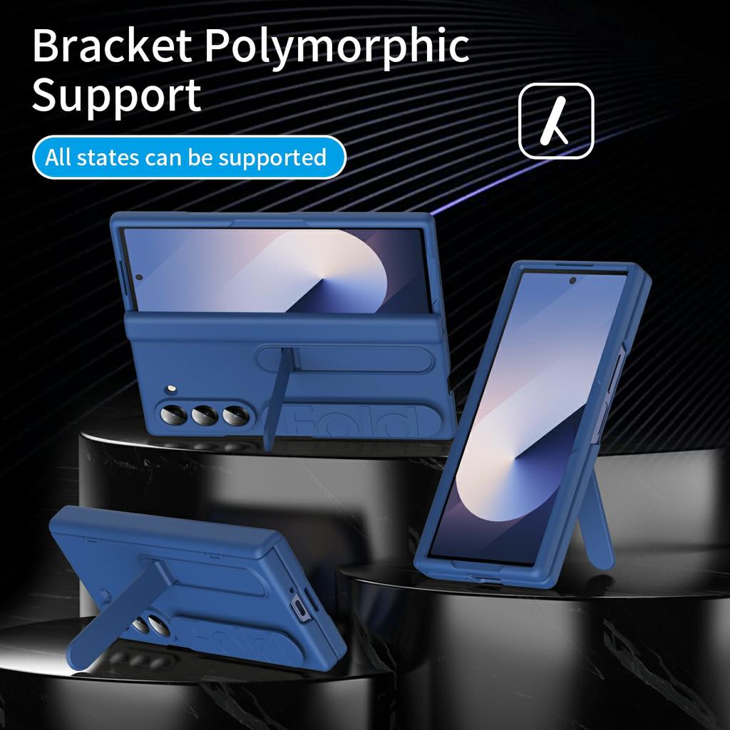 For Samsung Galaxy Z Fold6 5G Case with Tempered Glass Film Silicone Wristband Kickstand PC Phone Cover