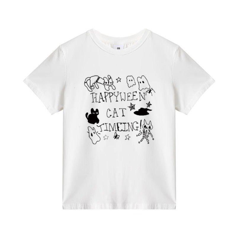Front Shoulder Crew Neck Grey Short Sleeve T-Shirt Women s Summer New American Cartoon Printed Casual Versatile Top Women s S