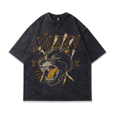 American Hip Hop Retro Trendy Brand Doberman Print Washed Old Short-Sleeved T-Shirt Men'S And Women'S High Street Half-Sleeved Tee